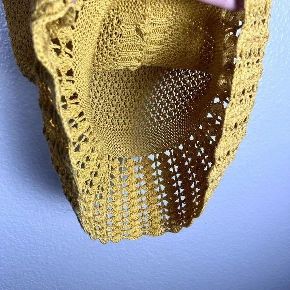 Sz XS Short-Sleeve Button-Up Blouse Mustard Yellow Open-Knit Eyelet - Picture 8 of 11